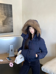 Real shot~Navy blue hooded fur collar cotton jacket for women