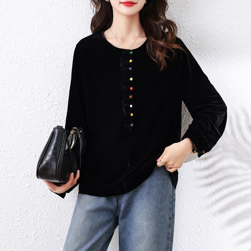 Large size women's retro velvet T-shirt European station 2024 early autumn new round neck temperament bottoming top