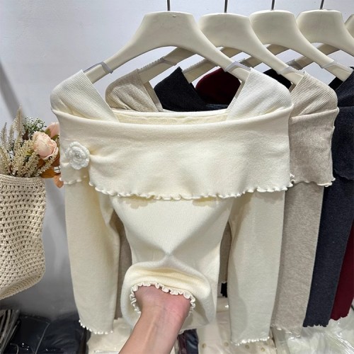 Korean French style one-shoulder ear-shaped floral off-shoulder sweater for women with design waist slimming top for winter