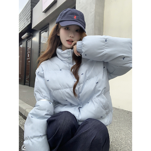 Real shot of blue striped cotton-padded jacket with bow knot cotton-padded jacket for women in autumn and winter warm loose stand-up collar cotton coat