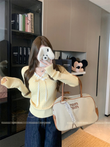 Winter temperament stitching contrasting bow design sweater for women