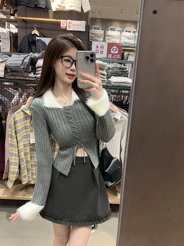 Designed lapel pitted wool sweater, temperament, slim fit and versatile A-line woolen skirt