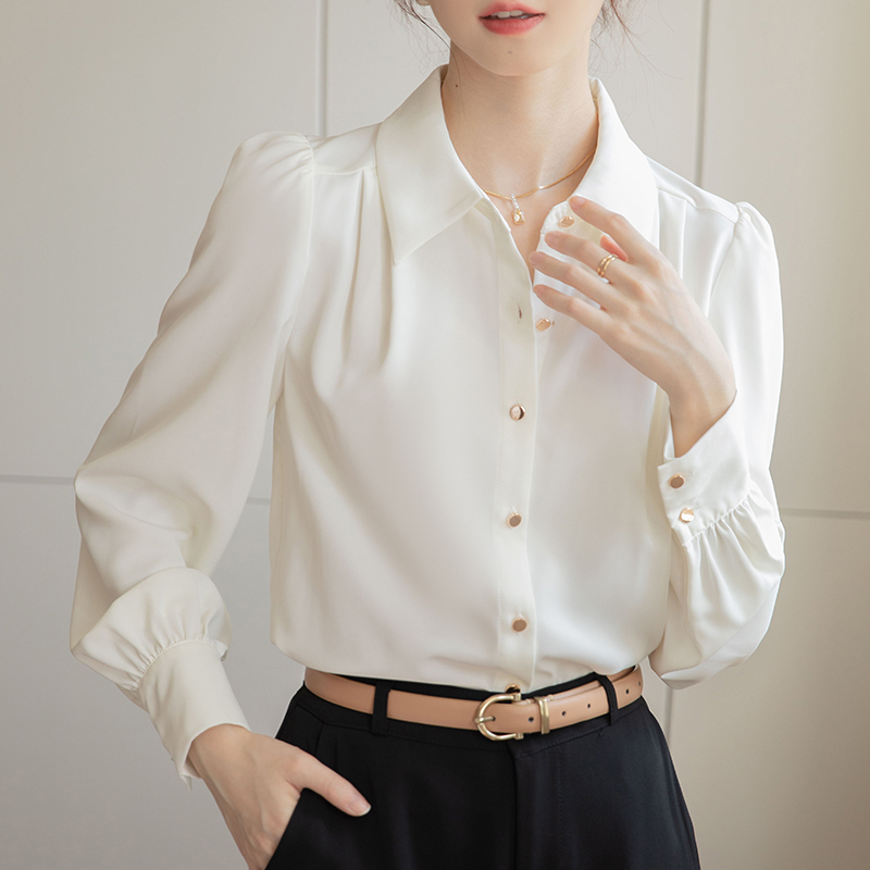 2024 real shot spring loose white shirt long-sleeved top satin commuter design niche shirt for women