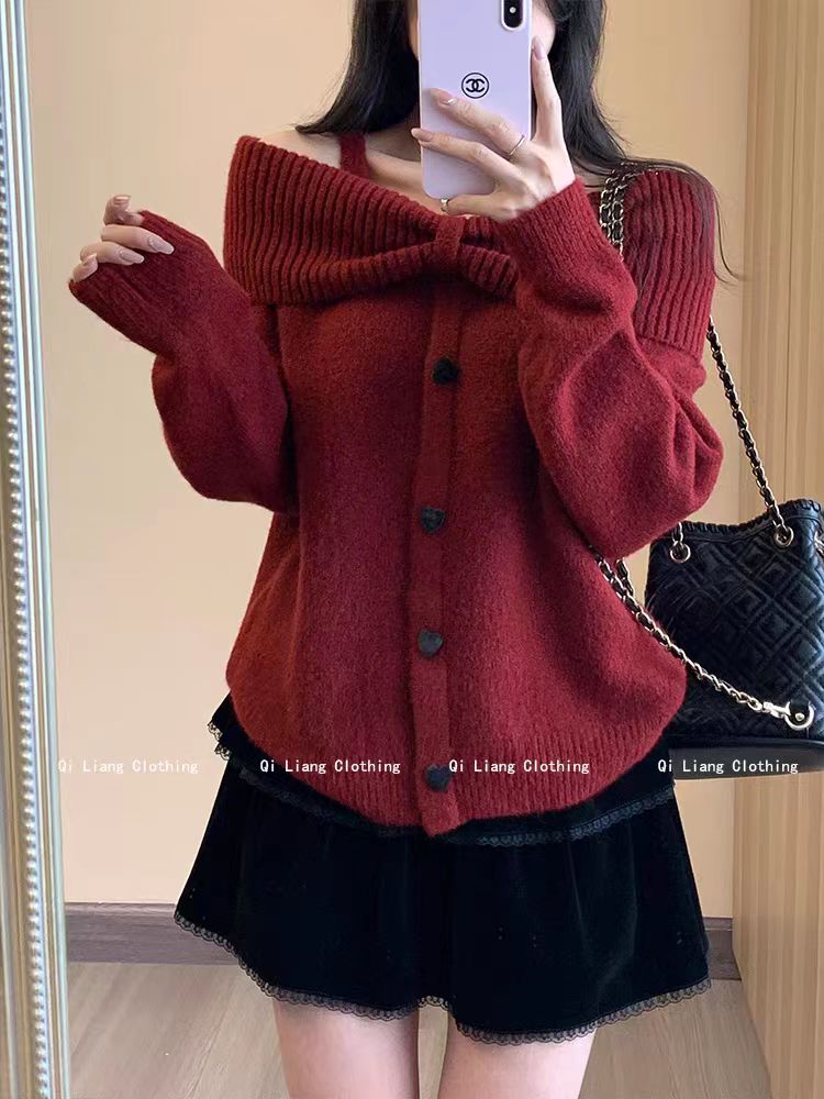 Gentle and sweet bow love button 2024 peach pink off-shoulder long-sleeved sweater girly style knitted sweater