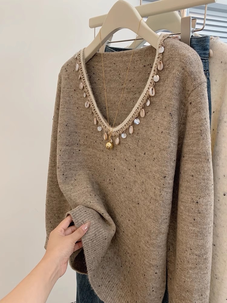 V-neck retro pullover loose soft waxy sweater worn outside lazy style high-end women's autumn and winter thickened sweater top