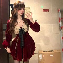 Exquisite girl's high-end dress 2024 autumn and winter square neck high waist slimming gold velvet celebrity skirt