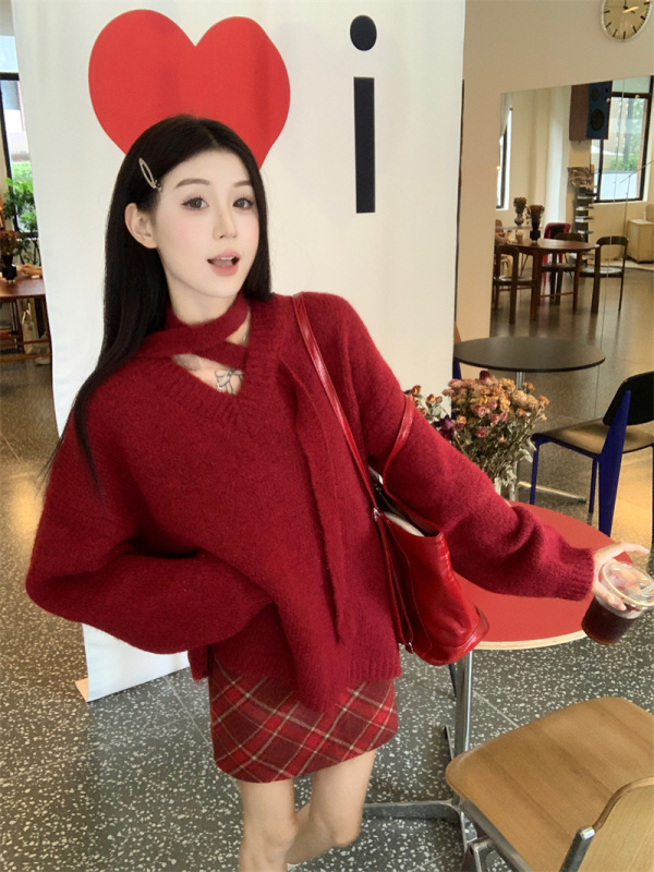 Autumn and winter Korean style versatile V-neck pullover warm sweater with scarf