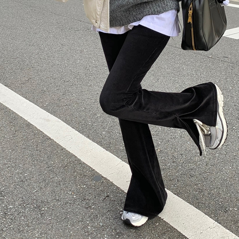 Core velvet high-waisted micro-flared trousers, casual slimming slit slit ribbed trousers