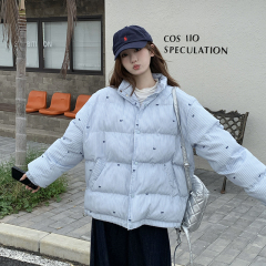 Real shot of blue striped cotton-padded jacket with bow knot cotton-padded jacket for women in autumn and winter warm loose stand-up collar cotton coat