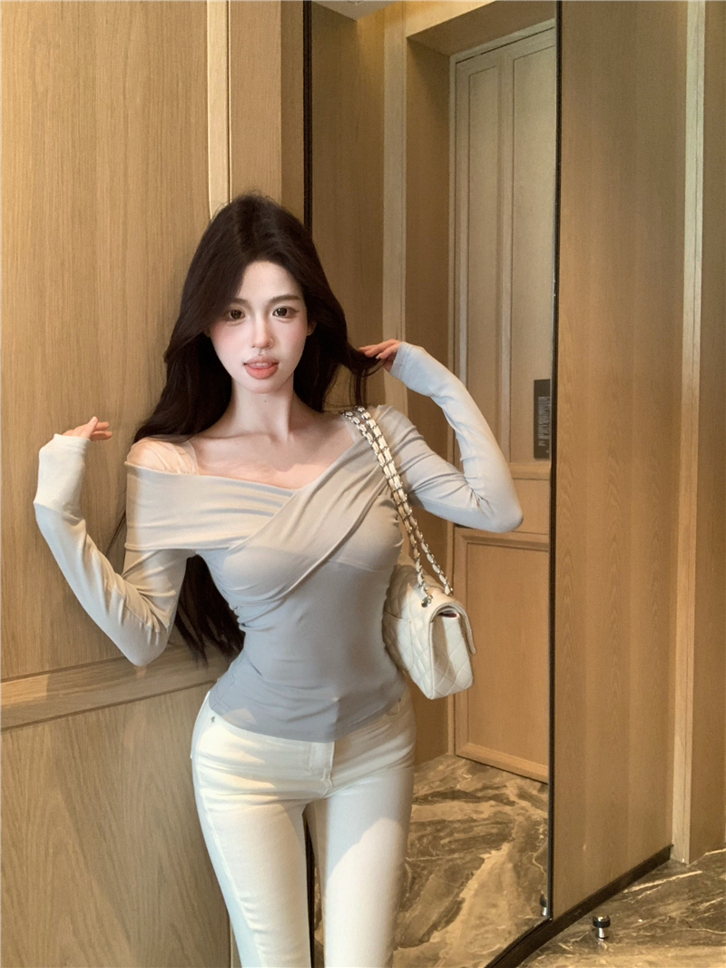 Real shot of ice beauty water mist blue sexy pure lust temperament mesh splicing top long-sleeved bottoming shirt