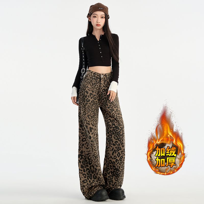 Real shot of retro leopard print thick velvet jeans 2024 winter high waist slim straight leg loose wide leg floor mopping pants