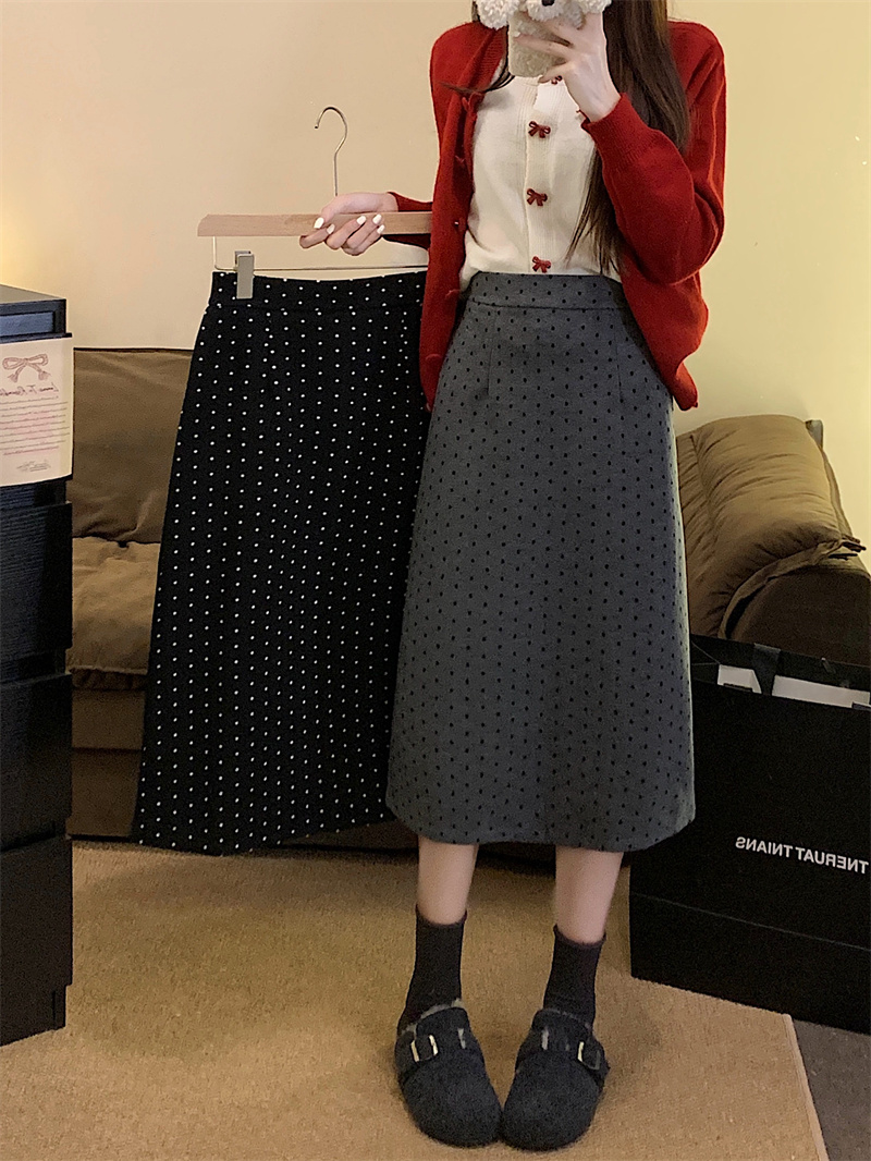 Small and short 145 autumn and winter high-waisted woolen polka-dot A-line skirt 150 Korean style versatile straight mid-length skirt xs size for women