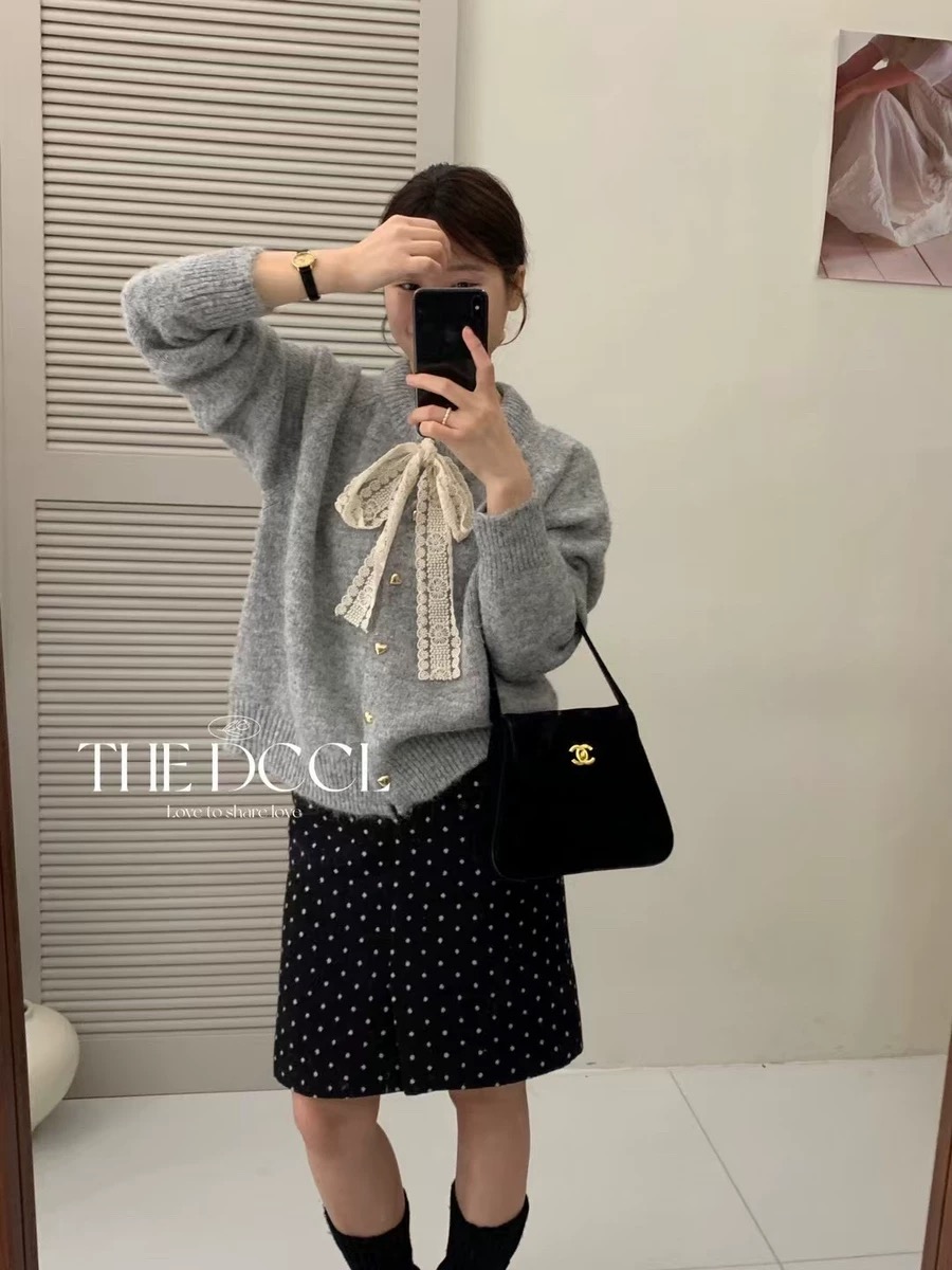 !  Alpaca lace bow crew neck sweater autumn and winter loose single-breasted solid color knitted cardigan