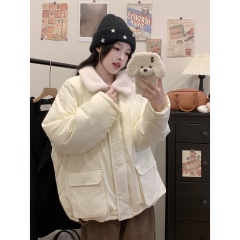 Actual shot #Korean style college style lamb wool spliced ​​lapel cotton coat for women winter new cold-proof bread coat cotton coat