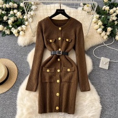 Xiaoxiang style sweater dress for women, French retro round neck, metal buckle waist, slim bottoming, hip-covering knitted skirt