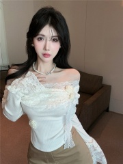 Real shot - new one-shoulder Korean style lace flower sweet and spicy bottoming shirt for women long-sleeved slimming top