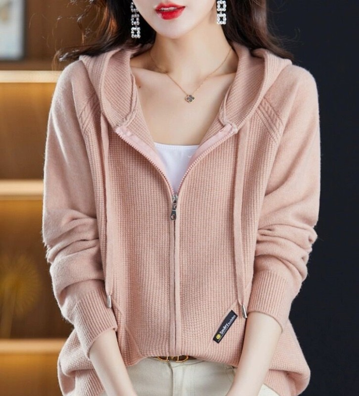 Pink sweater cardigan women's spring and autumn hooded outer top loose casual large size fat mm zipper knitted jacket