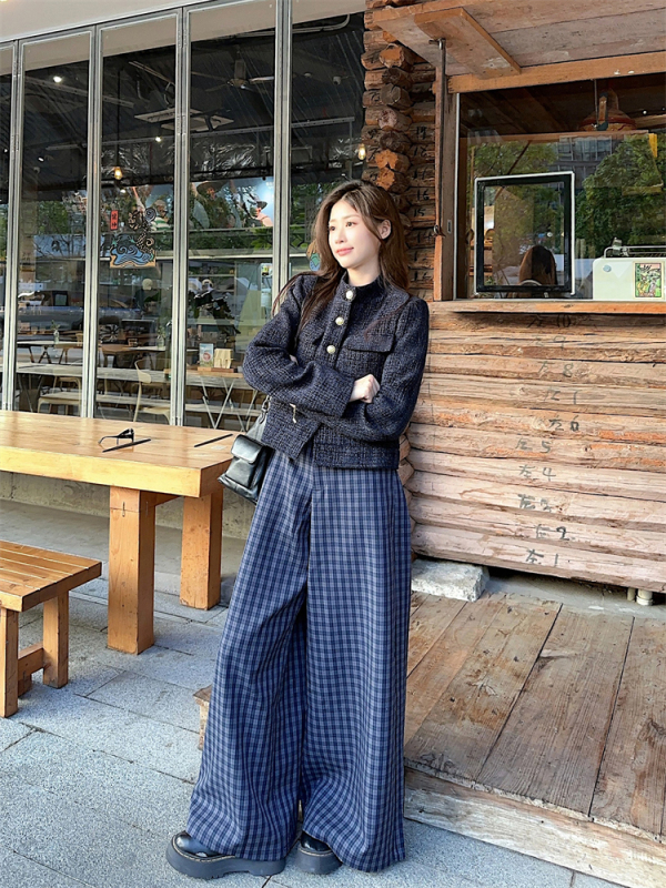 Chaebol daughter style navy blue small fragrance style cardigan jacket + loose plaid wide leg pants for women