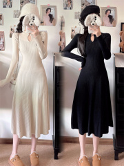 Small new Chinese style knitted dress for women 150 autumn and winter stand-up collar half turtleneck waist A-line sweater dress xs