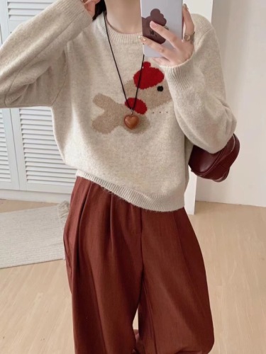 Lazy style soft waxy raccoon velvet red hat puppy pattern design inner base layer autumn and winter new warm sweater