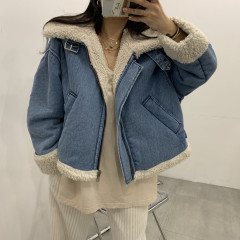 Korean chic stand collar plush lamb wool short cotton denim jacket