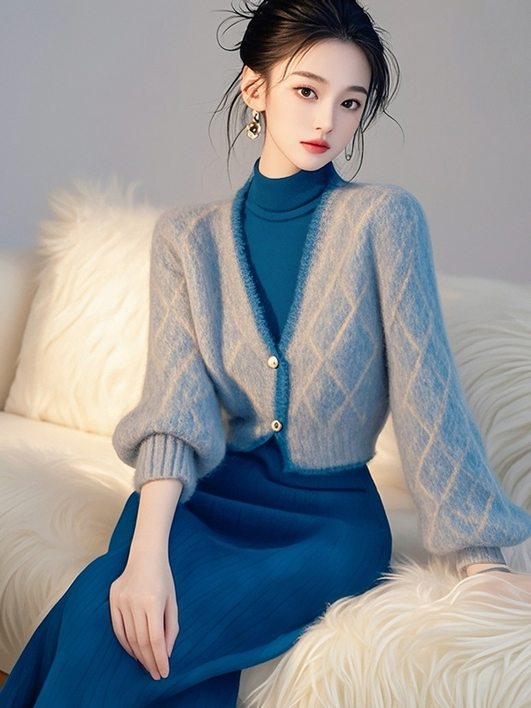 2024 winter high-end, unique and beautiful temperament socialite Xiaoxiang style blue sweater knitted cardigan jacket