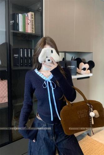 Winter temperament stitching contrasting bow design sweater for women