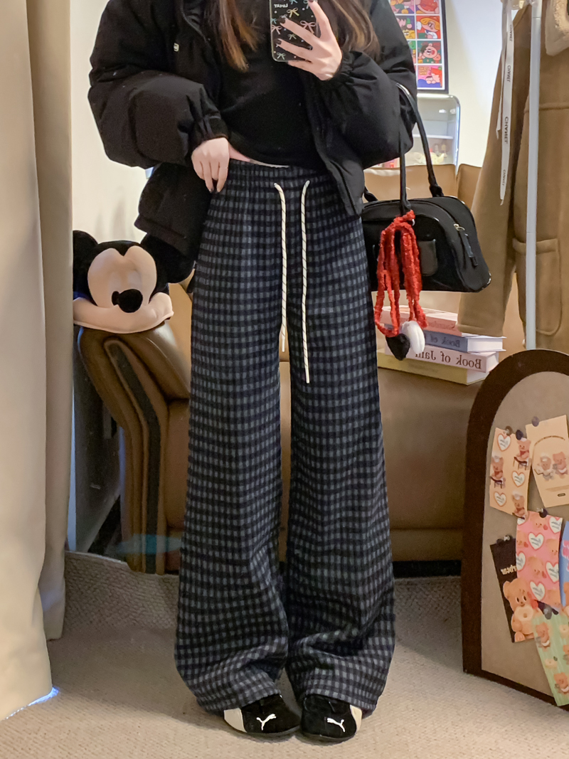 Real shot of velvet plaid drawstring wide-leg pants for women, drapey loose pants 2024 casual pants and floor-length pants