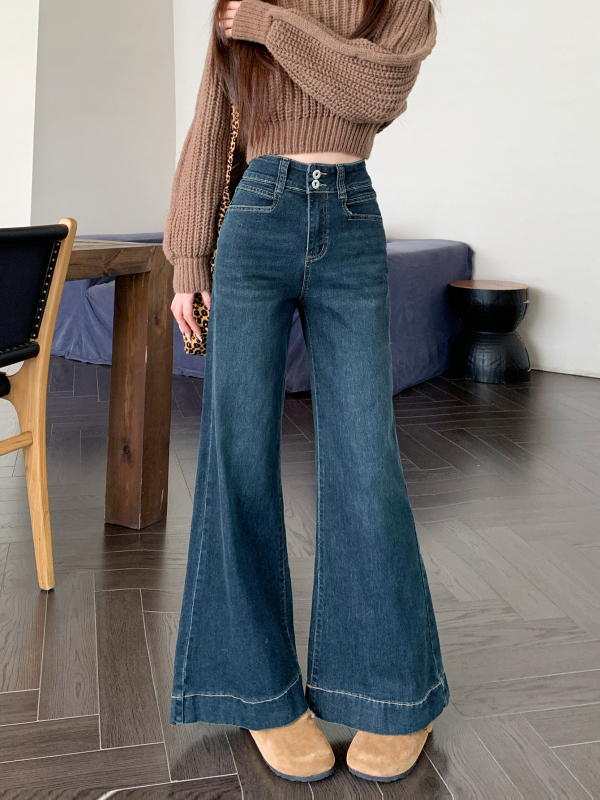 Loose bootcut denim trousers for women, two-button design, large hems, floor-length wide-leg trousers