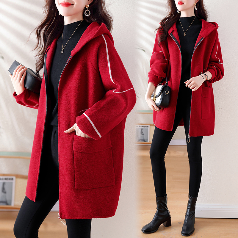 Real shot of autumn and winter plus size women's double-sided cashmere woolen coat, loose and age-reducing casual woolen coat