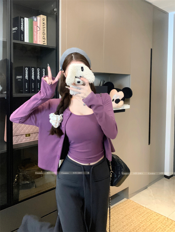 Korean Hot Girl Purple Camisole Knitted Cardigan Short Slim Top Two-piece Suit for Women