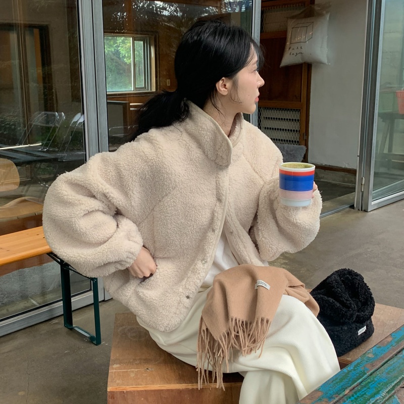 Korean chic retro casual lazy style warm stand-up collar single-breasted lamb wool coat for women