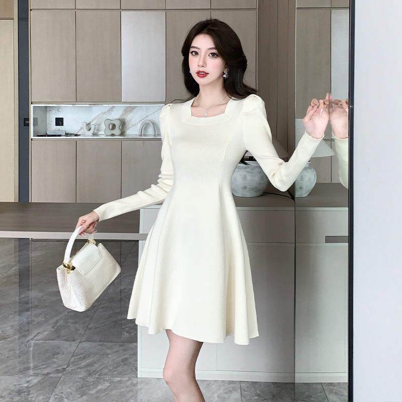 Autumn and winter new style small French square neck knitted dress women's waist bottoming with coat a-line sweater skirt trendy
