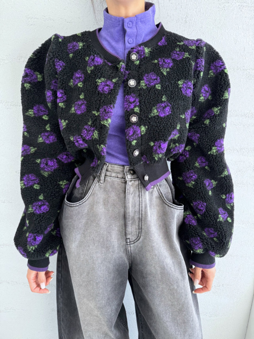 Korean ins winter new color block flower buttoned lamb wool jacket