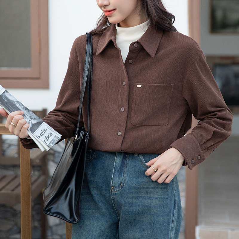 2024 real shot autumn and winter new corduroy long-sleeved shirt lapel shirt loose inner wear rest shirt for women