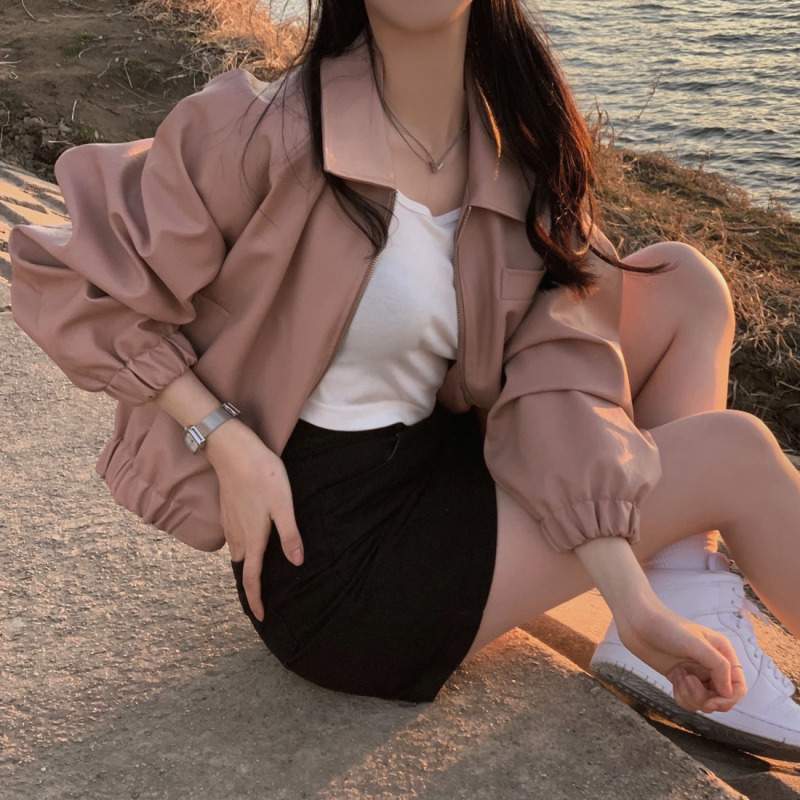 2024 Korean simple casual versatile lapel niche zipper PU leather short jacket top