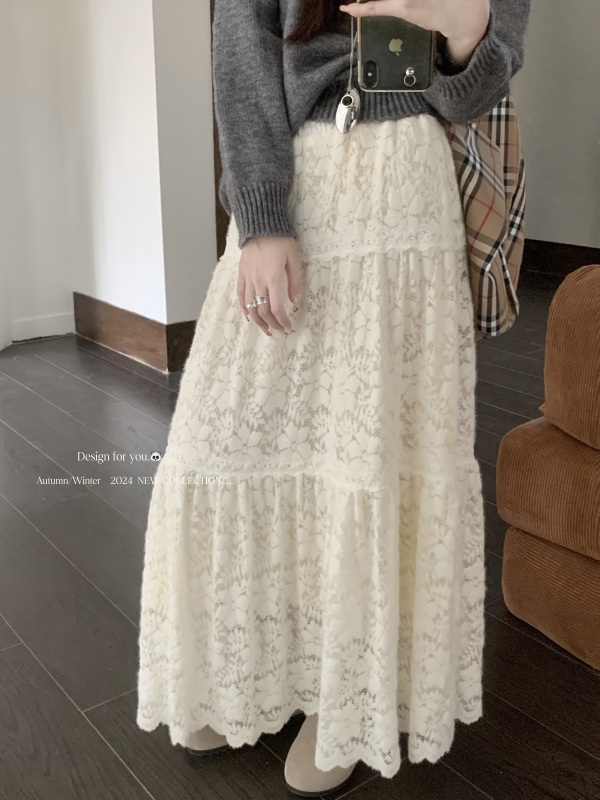 Korean style gentle style lace splicing skirt A-line skirt covering the span, slimming and versatile long cake skirt