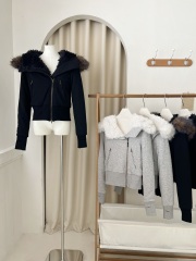RARELY ALIKE hooded fur collar, slanted placket, plush-lined cotton jacket, black/gray