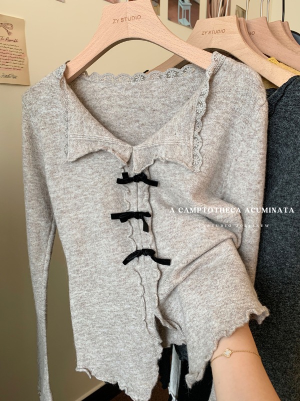 Sweet Hot Girl Wooden Ear-Edged Bow Knitted Sweater Women's Autumn and Winter Age-Reducing Soft V-Neck Long-Sleeved Top