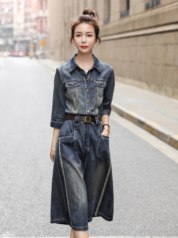 Early spring denim dress for women, spring and autumn new style European style fashionable waist slimming high-end shirt dress