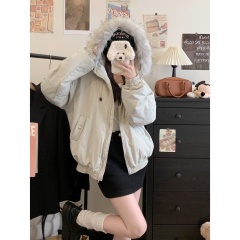 Real shot #American style detachable fur collar hooded cotton coat for women in winter with thick design to overcome the trend of cotton coats