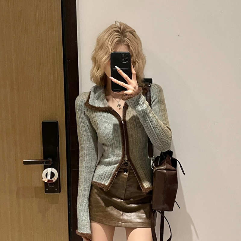 Pure Desire Hot Girl Retro Sweater Women's New Knitted Cardigan Color Block Slim Fit High-Level Lapel Sweater