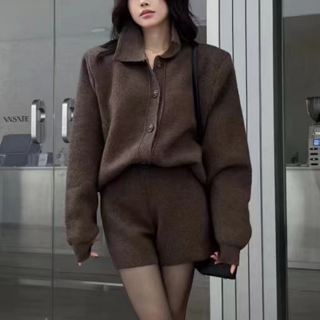 Korean polo long-sleeved sweater cardigan + knitted wide-leg shorts for women autumn and winter preppy style petite two-piece suit