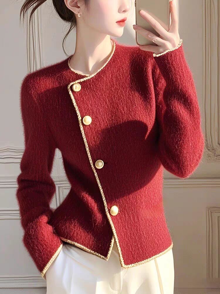 Korean style round neck simple cardigan sweater jacket for women autumn and winter new temperament age-reducing ladies top