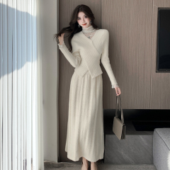 Real shot of imitation mink velvet fake two-piece lace stitching cross knit top high waist skirt women's winter style suit