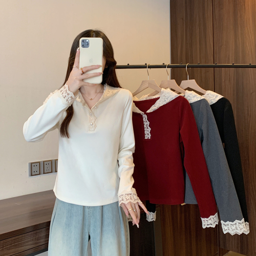 Real shot of 2024 new autumn and winter fat mm plus size women's French lace hooded thickened knitted bottoming shirt