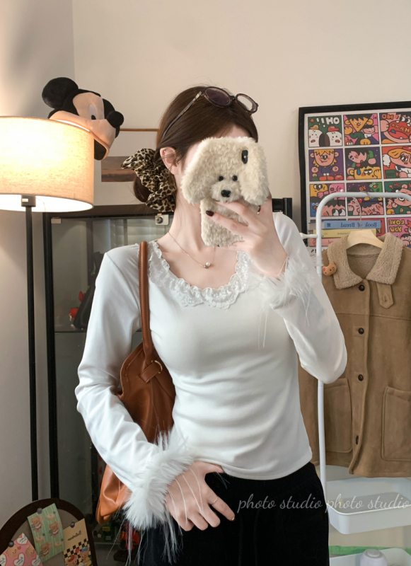 Plush brushed soft waxy lace trim knitted T-shirt for women slimming furry micro-flared sleeves inner top