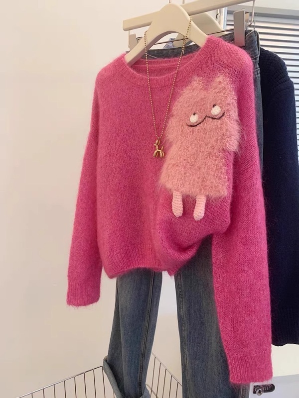 Niche raspberry pink pullover sweater for women autumn new style lazy style loose and gentle temperament sweater top