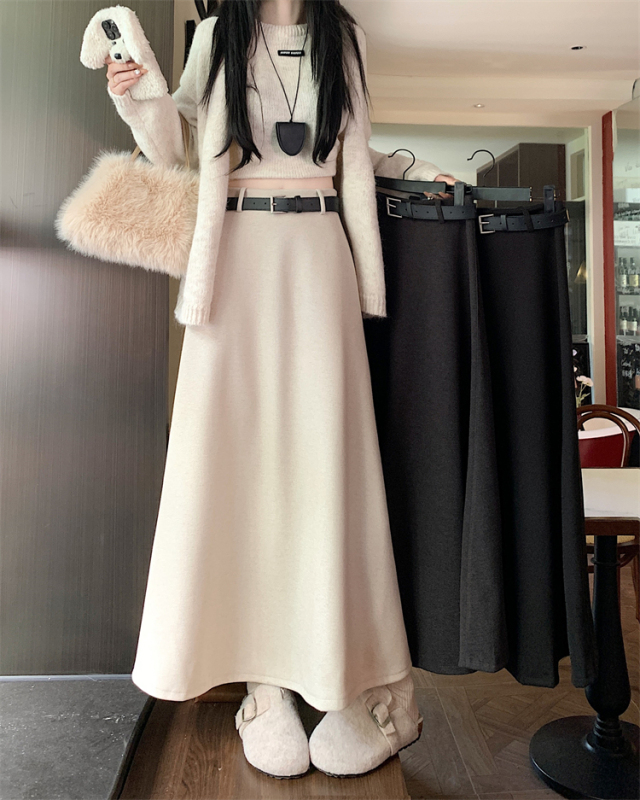 Korean style autumn and winter new thickened woolen mid-length skirt, high waist, slimming, wide swing, A-line umbrella skirt