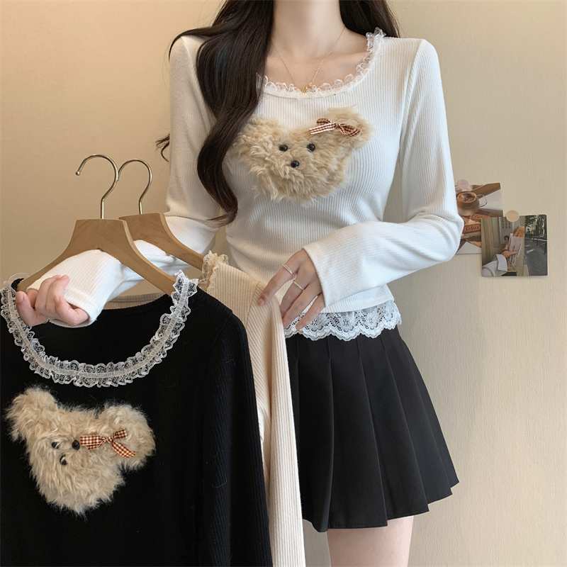 No less pure desire, white lace lace puppy knitted top, autumn and winter chic sweet and spicy inner short top